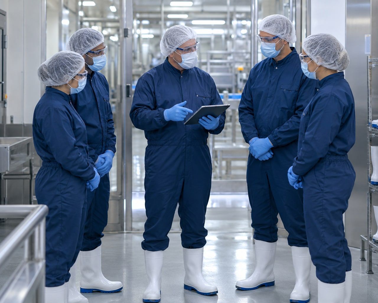 Réunion d'équipe en tenue d'hygiène autour d'une tablette, dans la zone d'hygiène